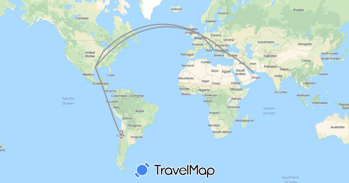TravelMap itinerary: driving, plane, boat in United Arab Emirates, Chile, Croatia, Netherlands, Turkey, United States (Asia, Europe, North America, South America)